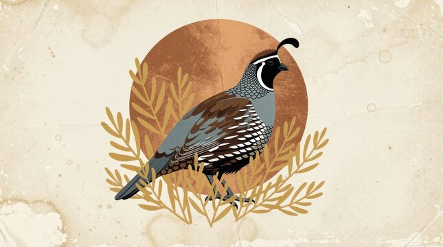 California quail bird illustration with golden branches. Artistic wildlife design on textured vintage paper. Nature graphic ideal for rustic decor and wall art.