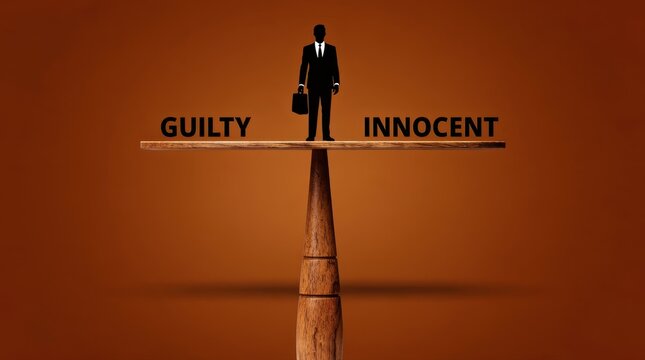 Silhouette of a man on scales balancing guilty and innocent labels. Represents legal judgment and moral choice. Justice concept for law firms and ethics campaigns.