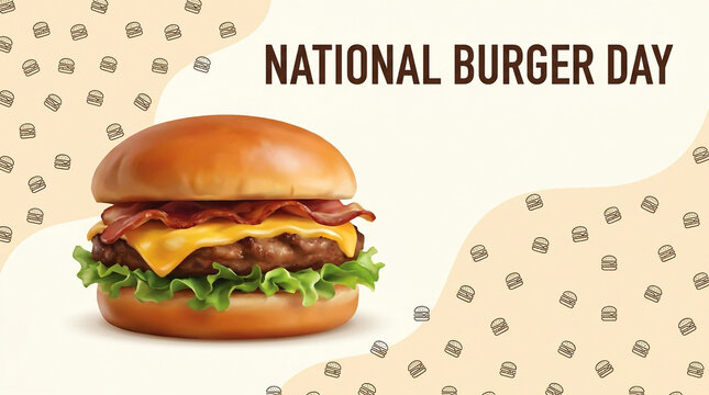 National Burger Day celebration template with bacon cheeseburger. Fast food holiday banner design with space for text. Vegetarian and meat free options.