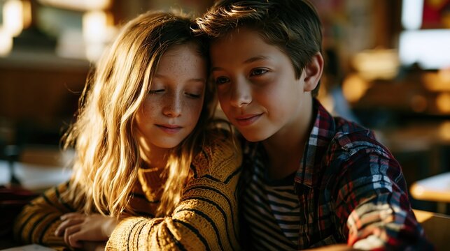 Supportive peer comforting quiet classmate at desk in warm classroom