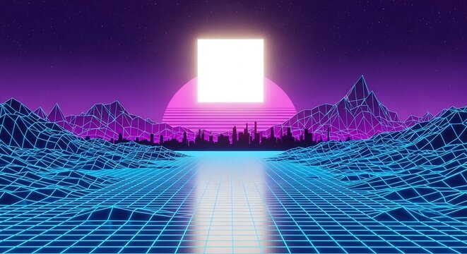 Synthwave landscape with glowing square sun and neon wireframe grid.