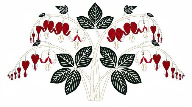 Stylized vector illustration of bleeding heart flowers with dark leaves on white. Symmetric floral design featuring red and white blossoms. Romantic botanical art for decorative greeting cards.