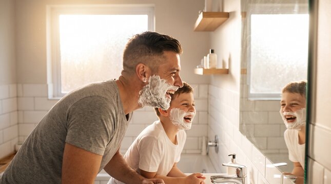 Father and son enjoying a fun morning routine of shaving together in the bathroom mirror
