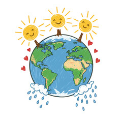 Naklejka premium Handdrawn illustration of earth with suns, clouds, and hearts isolated on transparent background