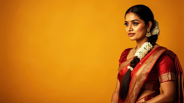 Indian woman in red traditional saree and gold jewelry against a yellow backdrop. South Asian female model with jasmine flower braid. Cultural celebration concept for festive marketing campaigns.