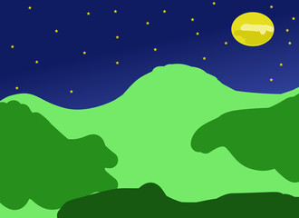 Fototapeta premium Colorful Green Hills, Starry Night Sky and Full Moon Landscape