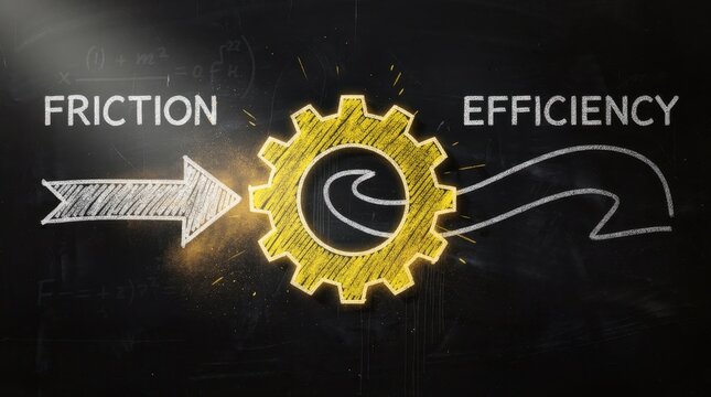 Chalk gear drawing on blackboard between friction and efficiency text. Mechanical sketch representing process optimization and engineering. Business strategy concept for corporate improvement.