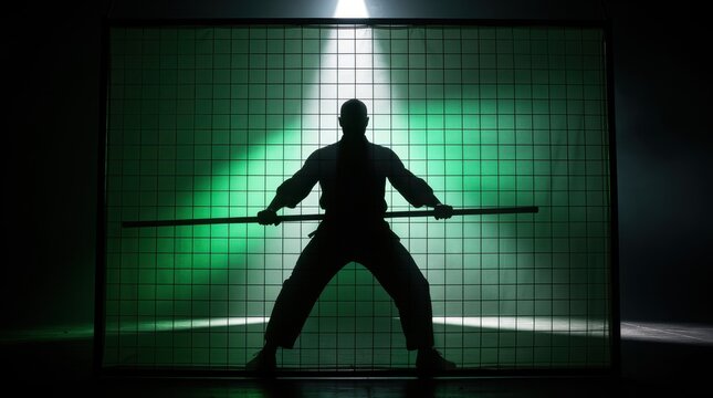 Silhouette of a martial artist holding a staff behind a grid screen. Fighter posing in dramatic studio with green backlighting. Warrior concept for combat sports and action marketing.
