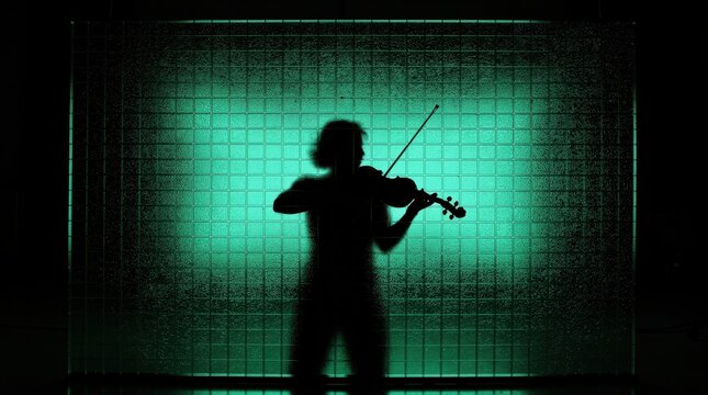 Silhouette of a musician playing the violin against a glowing green grid background. Professional violinist performing in a dark studio. Musical art concept for concert and creative marketing.