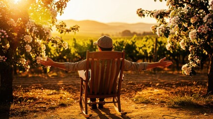 Obraz premium Person in rocking chair with open arms at sunset. Blooming orchard landscape in golden hour. Themes of freedom and wellness, ideal for lifestyle marketing.