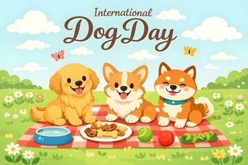 Fototapeta premium International Dog Day celebration featuring three adorable dogs surrounded by colorful flowers and festive decorations