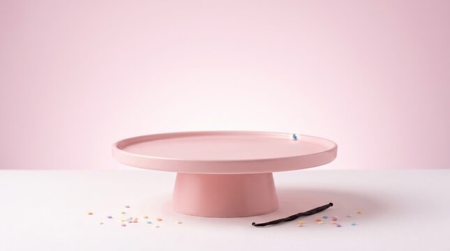 Empty pink cake stand on a light pink surface with scattered colorful sprinkles and a vanilla bean pod, minimalist food photography