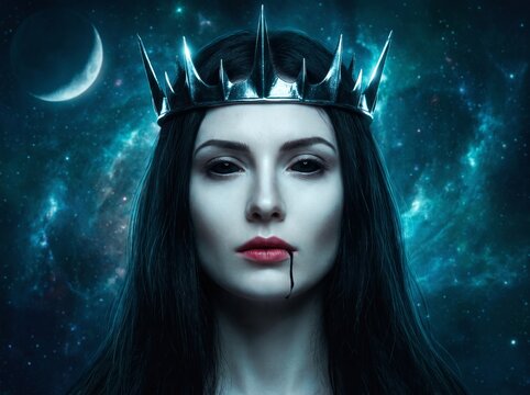 Gothic queen with black eyes and silver crown posing against deep blue cosmic background in sharp focus artistic portrait photography