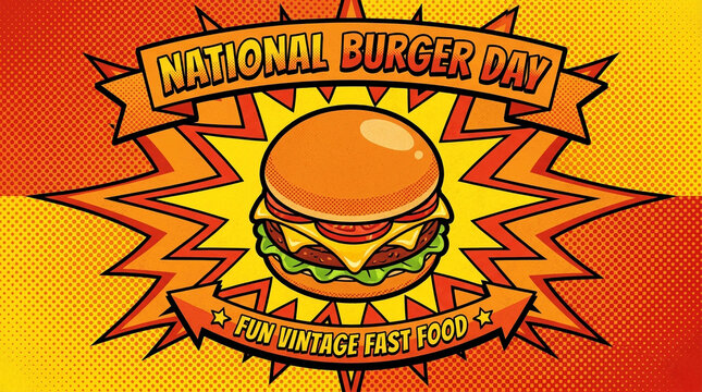 National Burger Day, Retro Pop Art Illustration. Vintage fast food design, 60s comic style with halftone dots. Classic cheeseburger label for print or web.
