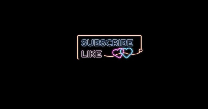 Glowing neon subscribe and like text animation with pink and blue heart icons on black background. Retro social media call to action neon sign overlay for YouTube vlogs, streams and creators