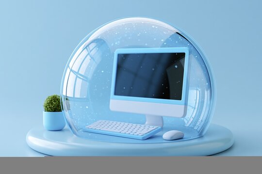 Clean desk setup protected by transparent blue bubble in minimal workspace
