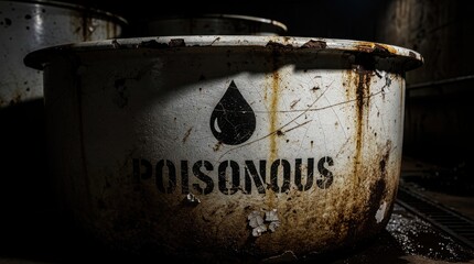 Fototapeta premium Rusty industrial barrel with poisonous label and drop icon. Aged container sits in a dark, grimy industrial setting. Hazardous waste disposal concept for environmental safety and chemical danger.