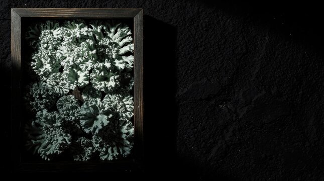 Silver ragwort leaves arranged in a rustic wooden box on black background. Moody still life showcasing the intricate textures of dusty miller foliage. Elegant botanical flat lay with copy space.