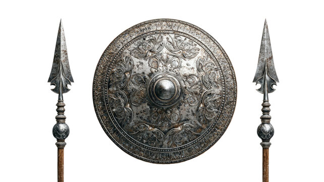Antique decorative round shield with engraved metallic surface isolated for historical, medieval, fantasy, and traditional design concepts on white background
