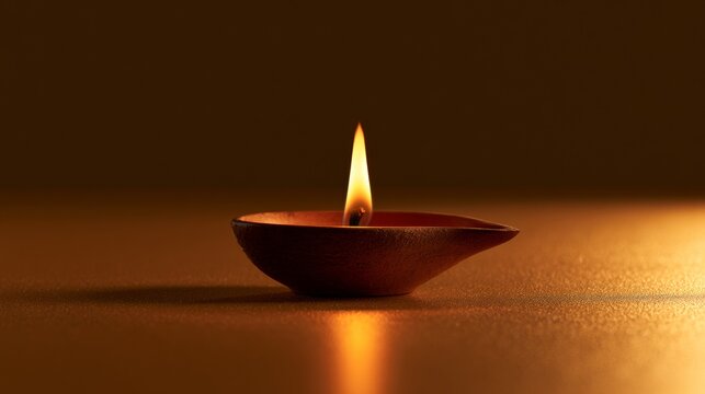 Brown diya oil lamp with a glowing flame on a gold background, refined festival decor, spiritual tradition, peaceful celebration, cultural symbolism.