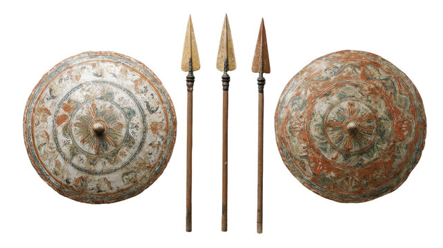 Antique round metal shield with weathered engraved surface isolated for medieval history, warrior armor, fantasy artwork, and traditional design on white background