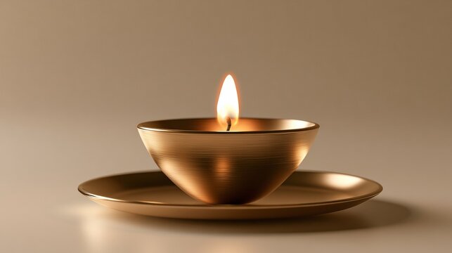A polished brass oil lamp with multiple flames rests on a neutral surface, showcasing traditional craftsmanship and serenity. refined tradition, spiritual centerpiece, peaceful devotion.