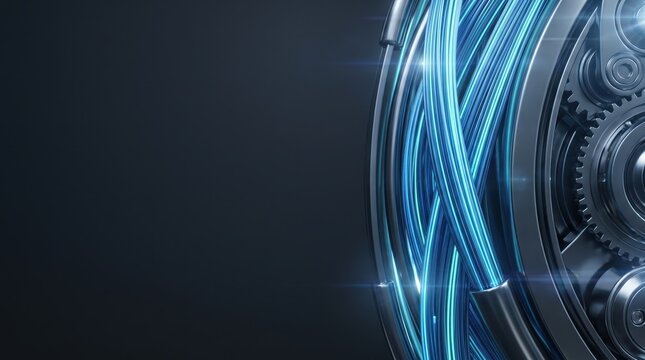 Abstract technology background with glowing blue fiber optic cables and mechanical gears, representing highspeed data transmission and connectivity