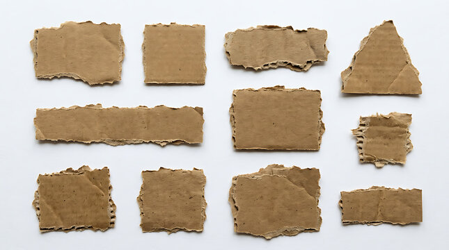 Collection of torn brown cardboard paper scraps with rough edges, cardboard