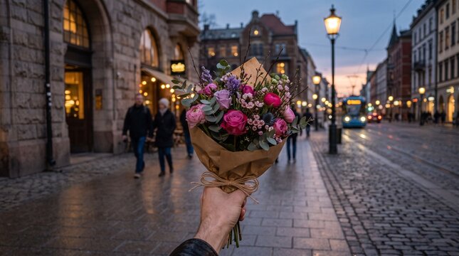 First Person View of Hand Holding Beautiful Flower Bouquet on European City Street at Dusk with Romantic Mood. Hands holding bouquet of flowers POV Holding Flower. Bouquet CityStreet Romantic