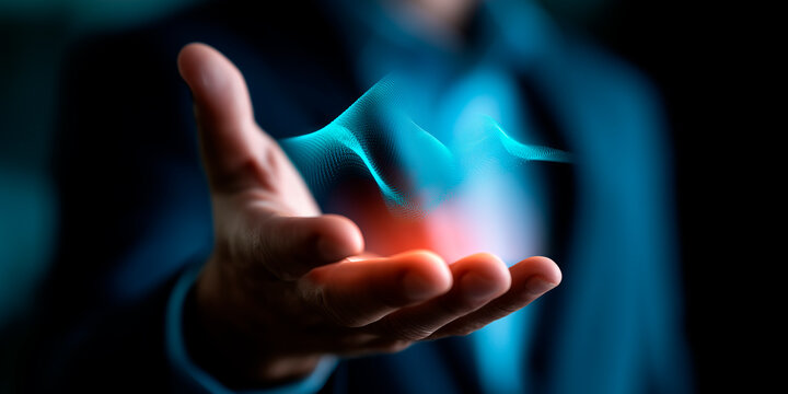 Businessman holding glowing digital voice sound wave hologram over extended open hand