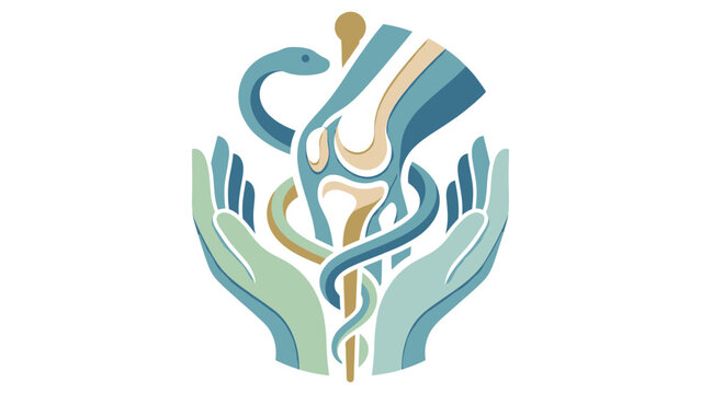 Cupula rod of asclepius snake wrapped around staff with healing hands vector logo