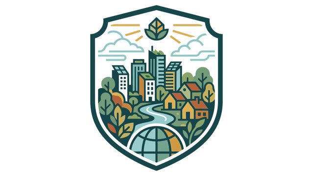 Eco friendly modern cityscape with green buildings, trees and globe inside shield emblem logo design