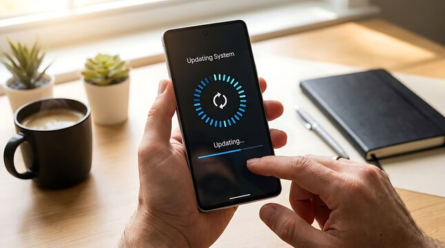 Digital Transformation Concept with Smartphone Software Update Progress During Business Office Activity