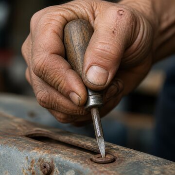 Skilled craftsman's hand working with vintage tool on aged metal