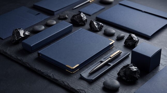 Dark blue corporate branding stationery mockup with notebook and pen