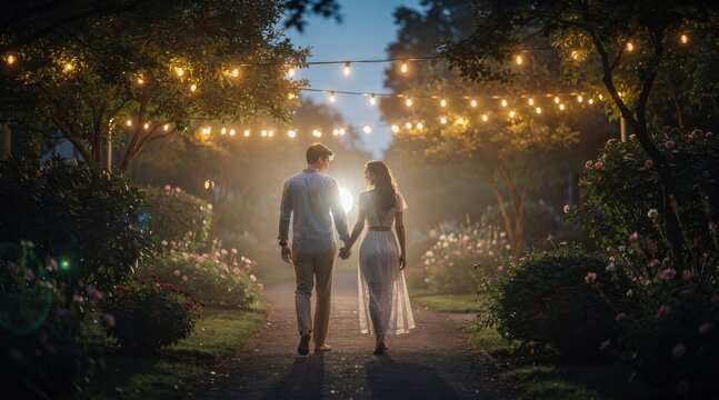 Romantic couple walking hand in hand through a magical garden at dusk