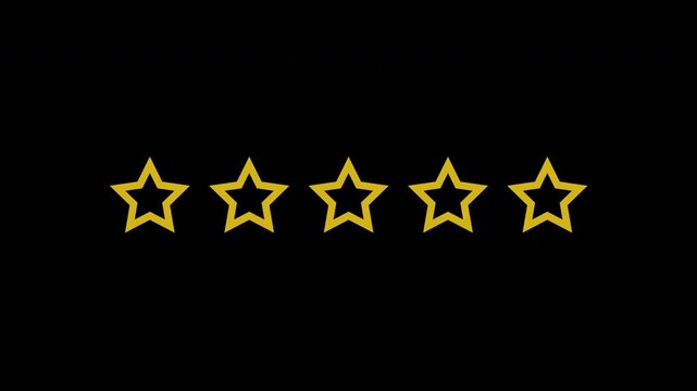 Five star rating animation on black background. Animated five yellow color star shape icon 4K Resolution.