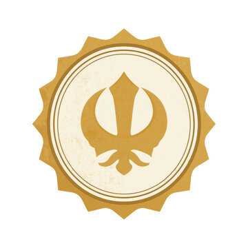 Khanda Sikh Symbol Flat Vector Icon in Golden Round Frame