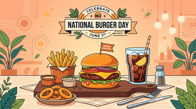 National Burger Day celebrating June 18th, delicious hamburger and fried potatoes, fast food feast illustration for restaurant menu design, happy holiday greeting concept