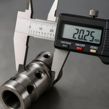 Digital caliper measuring a precision metal part with 20.25mm reading