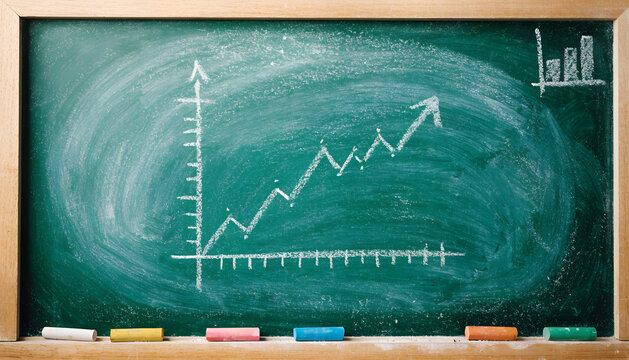 Green Chalkboard With Handwritten Line Graph And Bar Chart In Light Wooden Frame With Colorful Chalk Sticks Business Data Classroom Background With Copy Space