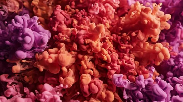 Abstract background with swirling orange and purple ink clouds in water, vibrant fluid art composition for creative design projects