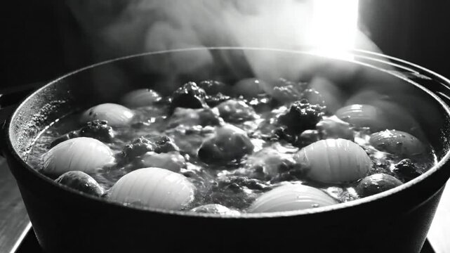 Simmering black and white close-up of a pot of soup with halved onions and other ingredients