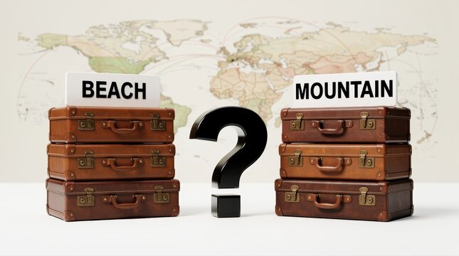 Stacked vintage suitcases with Beach and Mountain signs beside a large question mark. Leather luggage against a world map suggests vacation planning. Choice concept for global tourism marketing.