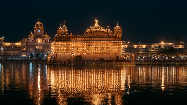 Golden Temple Illuminated with Festive Lights at Night