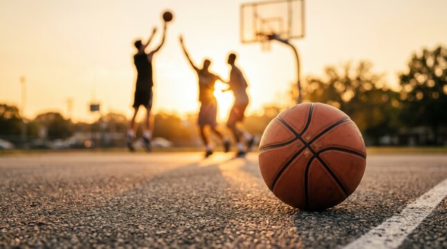 Basketball on court with players in background at sunset.