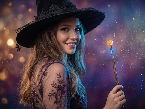 Beautiful young woman wearing decorative witch hat holding glowing magic wand while smiling softly against colorful sparkling purple blurred background