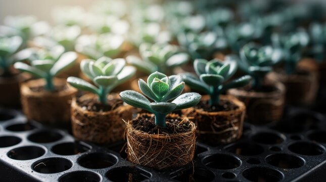 Young succulent plants growing in peat pots in a greenhouse. Seedlings with water droplets arranged in rows on a nursery tray. Sustainability and growth concept for gardening and horticulture.