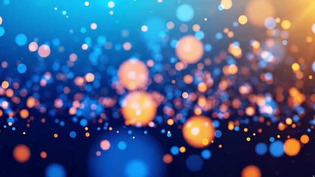 Abstract background with glowing blue and orange bokeh lights, soft blurred particles on a dark blue gradient backdrop