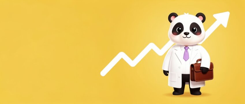 Cute cartoon panda dressed as a professional in lab coat holding briefcase. Animated panda stands with rising growth arrow on yellow background. Success and financial growth concept banner.